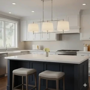 Transitional kitchen lighting featuring a 3-light pendant with white fabric drum shades for soft, ambient island illumination.