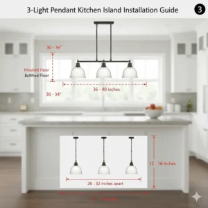Technical diagram showing the recommended hanging height and spacing for a 3-light pendant over a standard kitchen island.