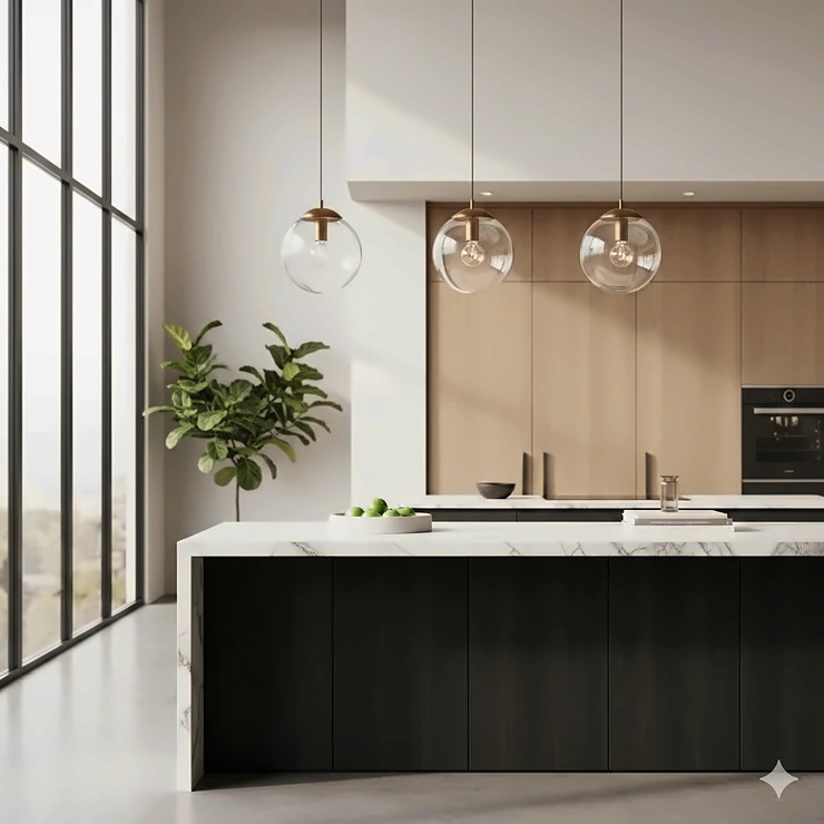Three modern glass pendant lights hanging over a white marble kitchen island in a brightly lit contemporary home. best pendant lights for kitchen island