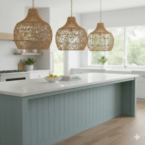 Natural rattan woven pendant lights adding texture to a coastal-style kitchen island.