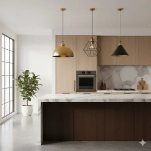Modern kitchen lighting featuring mixed metal brass and matte black pendant fixtures.