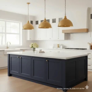 Elegant brushed brass farmhouse pendant lights adding a luxury touch to a navy blue kitchen island.