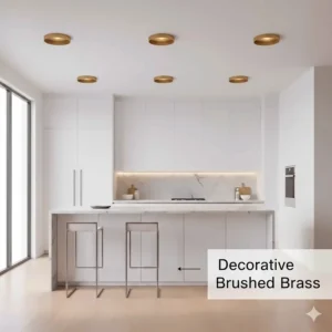 A decorative brushed brass flush mount light fixture adding a warm metallic accent to a kitchen.