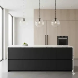 A set of three clear glass globe pendant lights providing task lighting over a kitchen island.