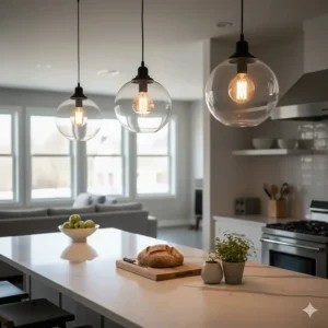 Clear glass globe industrial pendant lights with vintage Edison bulbs illuminating a kitchen workspace.