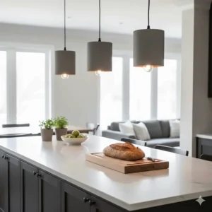Grey concrete industrial pendant lights providing a minimalist look over a white kitchen island.