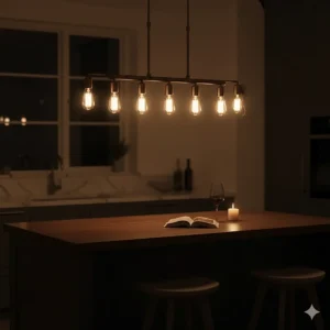 Warm dimmable lighting from a linear chandelier creating a cozy atmosphere at a kitchen island.