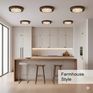 A rustic farmhouse style kitchen ceiling light with a wood trim and Edison-style bulb.