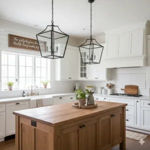 Oversized lantern-style pendant lights in a classic white farmhouse kitchen.
