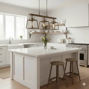 A farmhouse-inspired linear 3-light pendant fixture with distressed wood and iron details over a white kitchen island.