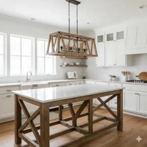 Weathered wood and iron farmhouse linear chandelier hanging in a bright, white kitchen.