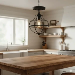 Rustic farmhouse semi flush mount kitchen lighting with wood accents and a metal cage.