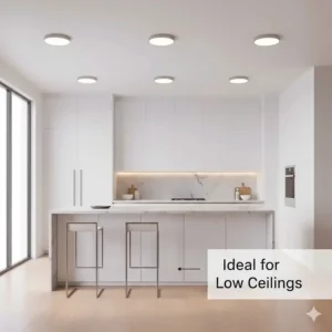 An illustration showing how flush mount lighting saves space in a kitchen with low ceilings.