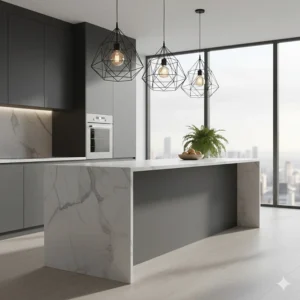 Modern pendant lights with geometric wireframes hanging in an open-concept kitchen.