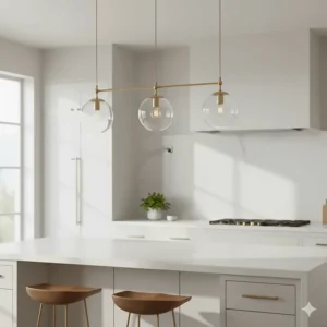 Minimalist clear glass globe pendant lighting installed over a modern kitchen island with brass accents.