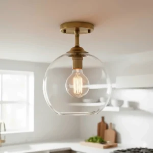 Clear glass dome semi flush mount kitchen lighting showcasing internal hardware and warm bulb glow.