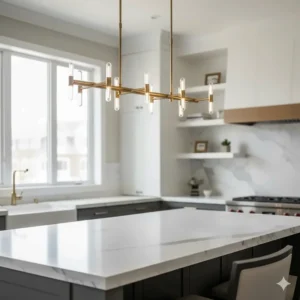 Luxury brushed gold linear chandelier providing ambient lighting over a white kitchen island.