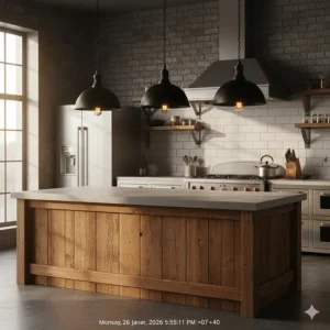 Industrial-style farmhouse pendant lights with Edison bulbs over a reclaimed wood kitchen island.