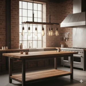 Industrial style linear chandelier with Edison bulbs over a rustic wood kitchen island.