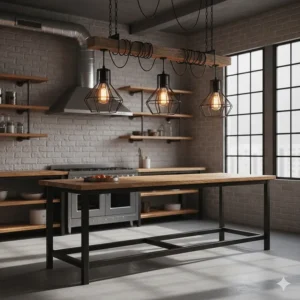 Industrial-style modern pendant lights with Edison bulbs and matte black finish over a wood island.