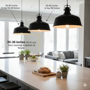 Diagram showing the proper hanging height for industrial pendant lights over a kitchen island surface.