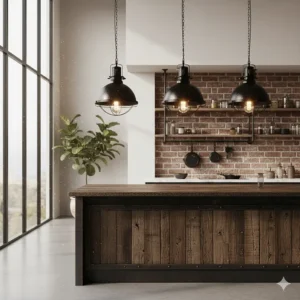 Black metal industrial-style pendant lights hanging over a rustic wooden kitchen island.