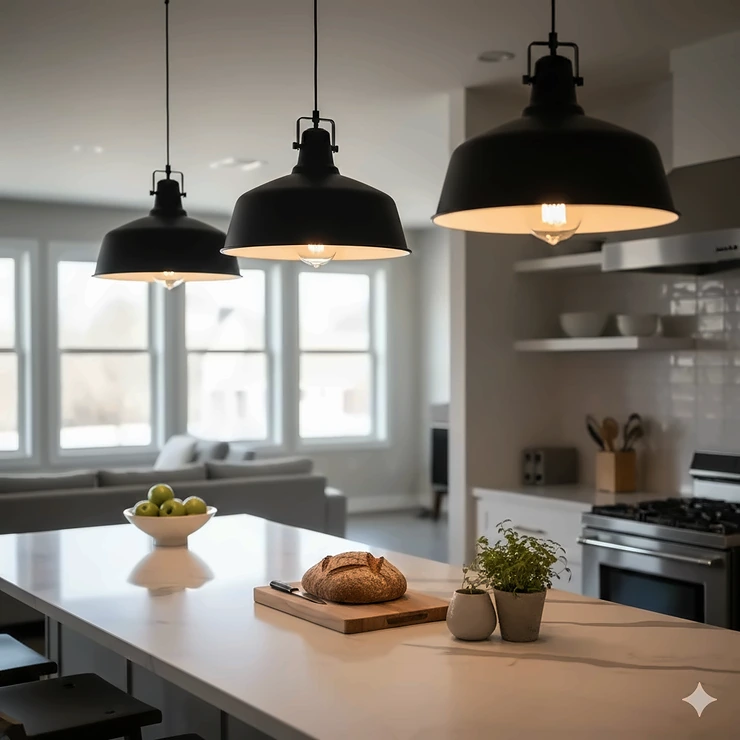 Three large black industrial pendant lights hanging over a modern marble kitchen island. industrial pendant lights kitchen island