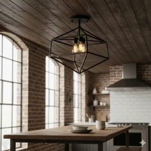 Matte black industrial style semi flush mount kitchen lighting with Edison bulbs.
