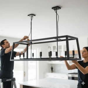 Close-up of a dual-canopy linear chandelier being installed on a kitchen ceiling.