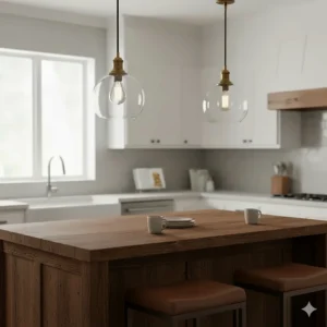 Two matching semi flush mount kitchen lighting fixtures positioned over a wooden breakfast bar.