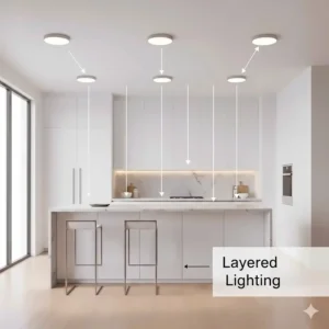 A diagram showing a flush mount kitchen light working in tandem with under-cabinet lighting.