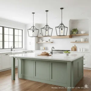 Classic open-frame lantern farmhouse pendant lights in a white shaker-style kitchen.