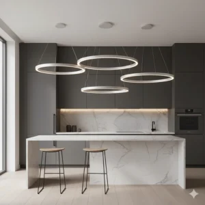 Ultra-modern LED ring pendant lights providing soft ambient glow over a kitchen breakfast bar.