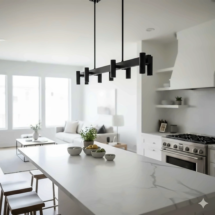 A sleek matte black linear chandelier hanging over a marble kitchen island in a modern open-concept home. linear chandelier for kitchen island