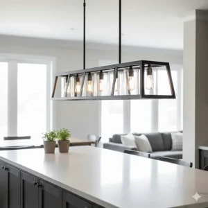 A single long linear industrial pendant light fixture spanning the length of a kitchen island.