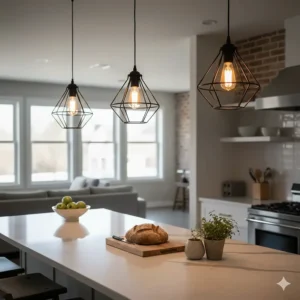 Black metal cage industrial pendant lights hanging in a kitchen with exposed brick walls.