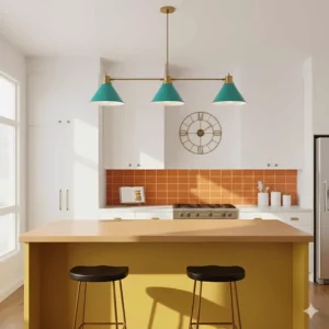 Vibrant mid-century modern 3-light pendant with teal cone-shaped shades used as a focal point over a kitchen island.