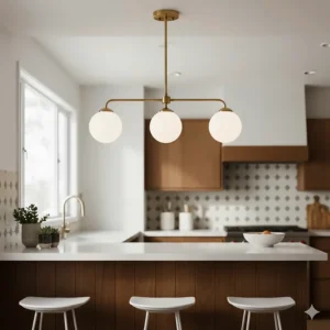 Mid-century modern globe-style semi flush mount kitchen lighting with gold finishes.