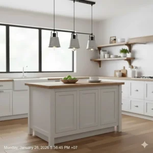 Set of three mini galvanized metal farmhouse pendant lights for a small kitchen island.