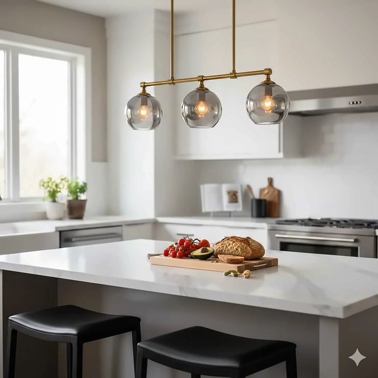 A modern kitchen featuring a marble island illuminated by a stylish 3-light pendant fixture with gold accents and Edison bulbs. 3 light pendant kitchen island