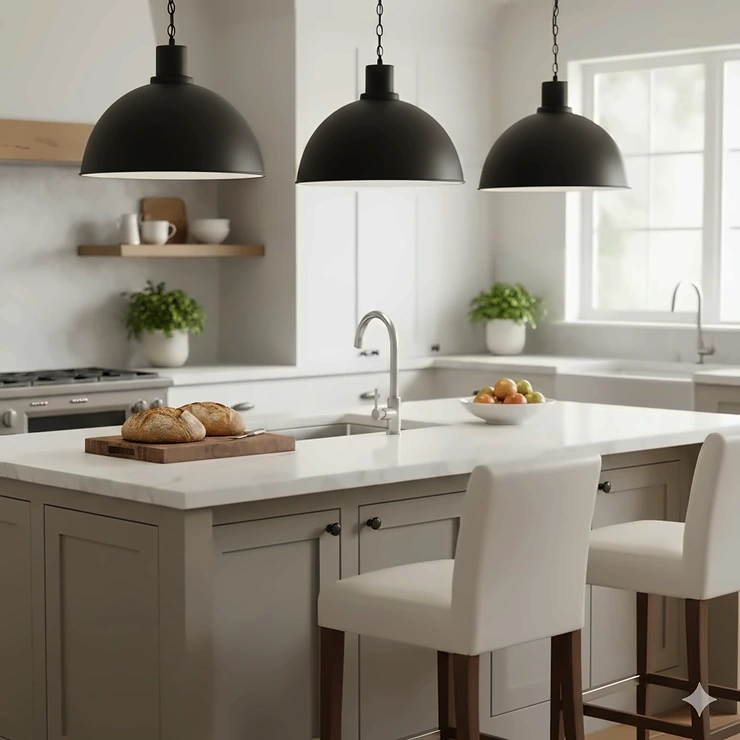 Three large black dome farmhouse pendant lights hanging over a white marble kitchen island in a bright, modern home. farmhouse pendant lights kitchen island