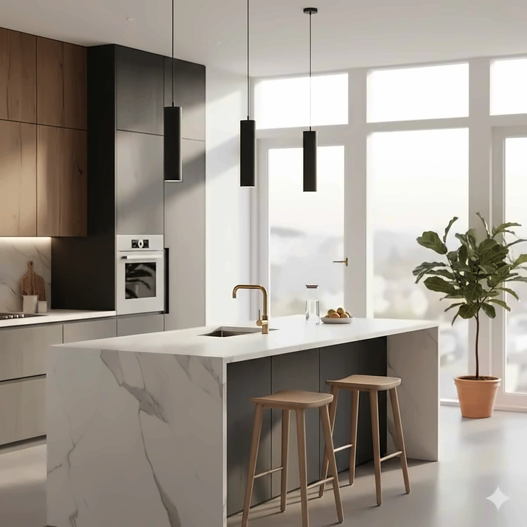 Three sleek black modern pendant lights hanging over a white marble kitchen island in a contemporary home. modern pendant lights kitchen island