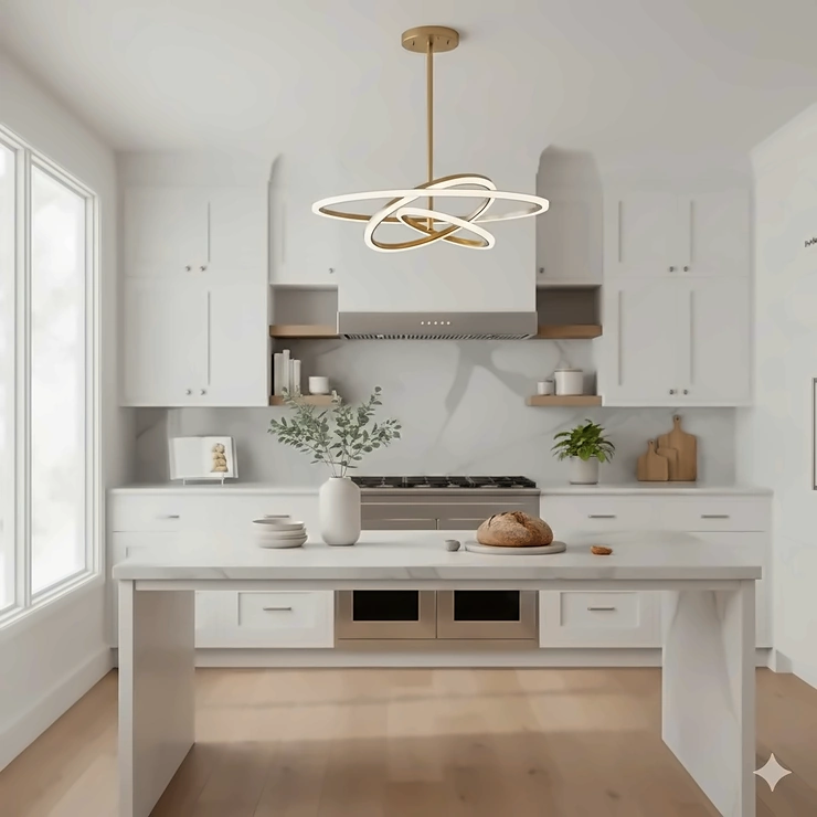 A modern brass semi flush mount kitchen lighting fixture centered over a marble island in a bright kitchen.