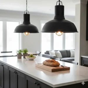 Two oversized warehouse-style industrial pendant lights centered over a long kitchen island.