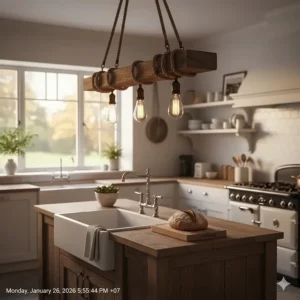 Rustic wood beam farmhouse pendant light fixture with rope accents over a farmhouse sink and island.