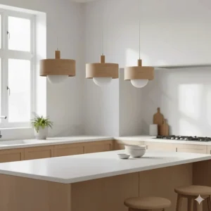 Scandinavian-style modern pendant lights featuring light wood textures and white ceramic shades.