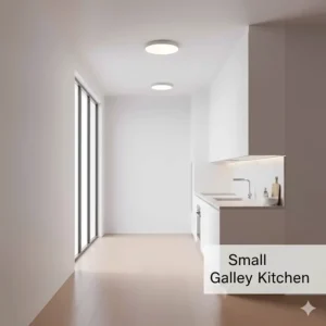 A compact, round flush mount ceiling light perfect for lighting a small galley kitchen.