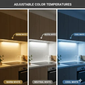 Three side-by-side views of a kitchen showing warm, neutral, and cool wireless LED lighting tones.