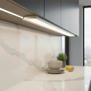 LED strip lights under cabinet housed in an aluminum channel with a frosted diffuser for seamless light.