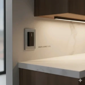A wall-mounted dimmer switch controlling the brightness of hardwired under cabinet LED lighting.